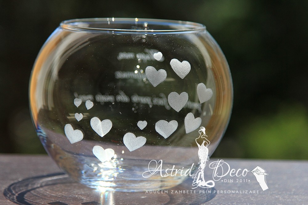 Bol de sticla gravat manual - Inimi - 12cm 