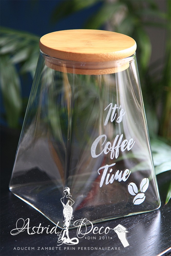 Borcan sticla cu capac bambus 950 ml- gravat manual - Coffee time