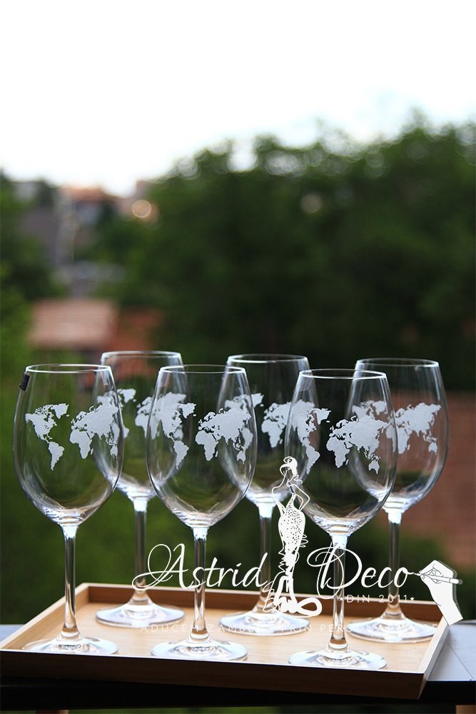Set 6 pahare Bohemia vin gravate manual - Harta Lumii 