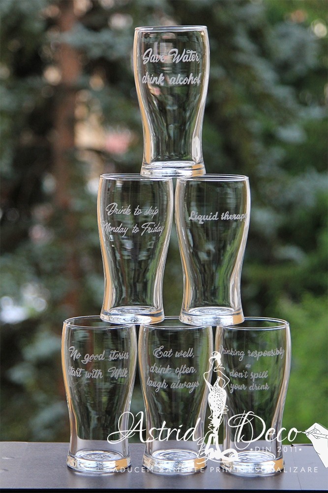 Set 6 pahare de bere gravate manual - Mesaje