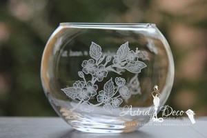 Bol de sticla gravat manual - Flori de cires - 12 cm