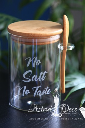 Borcan sticla cu capac si lingurita bambus - gravat manual -Salt 