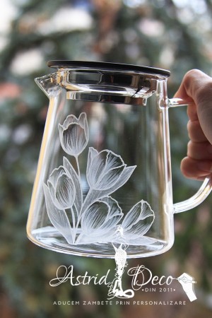 Ceainic din sticla cu infuzor- gravat manual - Lalele 